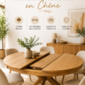 Table à manger ronde extensible en chêne dans une salle à manger lumineuse, avec des chaises assorties.