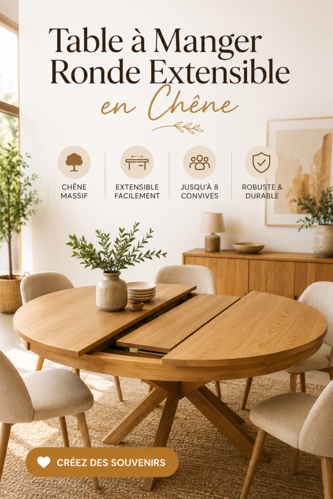 Table à manger ronde extensible en chêne dans une salle à manger lumineuse, avec des chaises assorties.