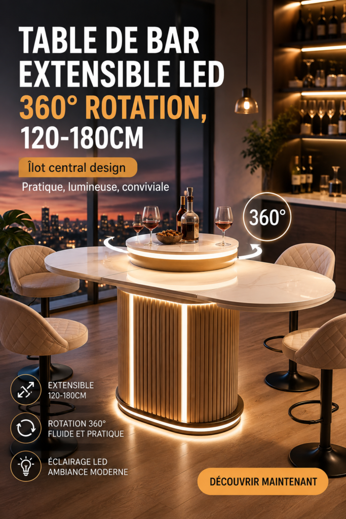 Table de bar extensible avec éclairage LED dans un intérieur moderne.