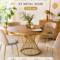 Table ronde en bois et métal doré dans une salle à manger moderne.