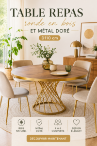 Table ronde en bois et métal doré dans une salle à manger moderne.
