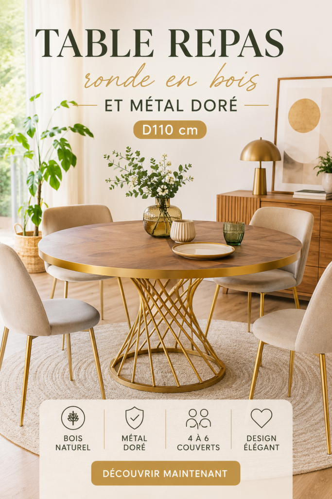 Table ronde en bois et métal doré dans une salle à manger moderne.