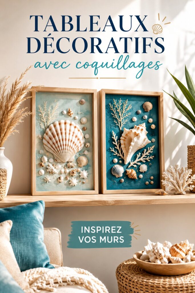Tableau décoratif mettant en valeur des coquillages sur un fond clair