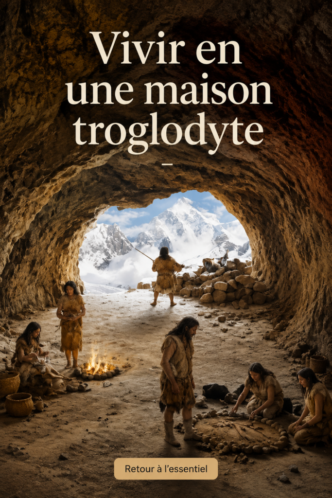 Maison troglodyte avec vue panoramique, intégrée dans la roche.