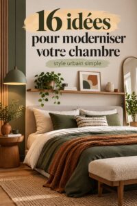 Chambre décorée dans un style urbain avec des éléments modernes et chaleureux.