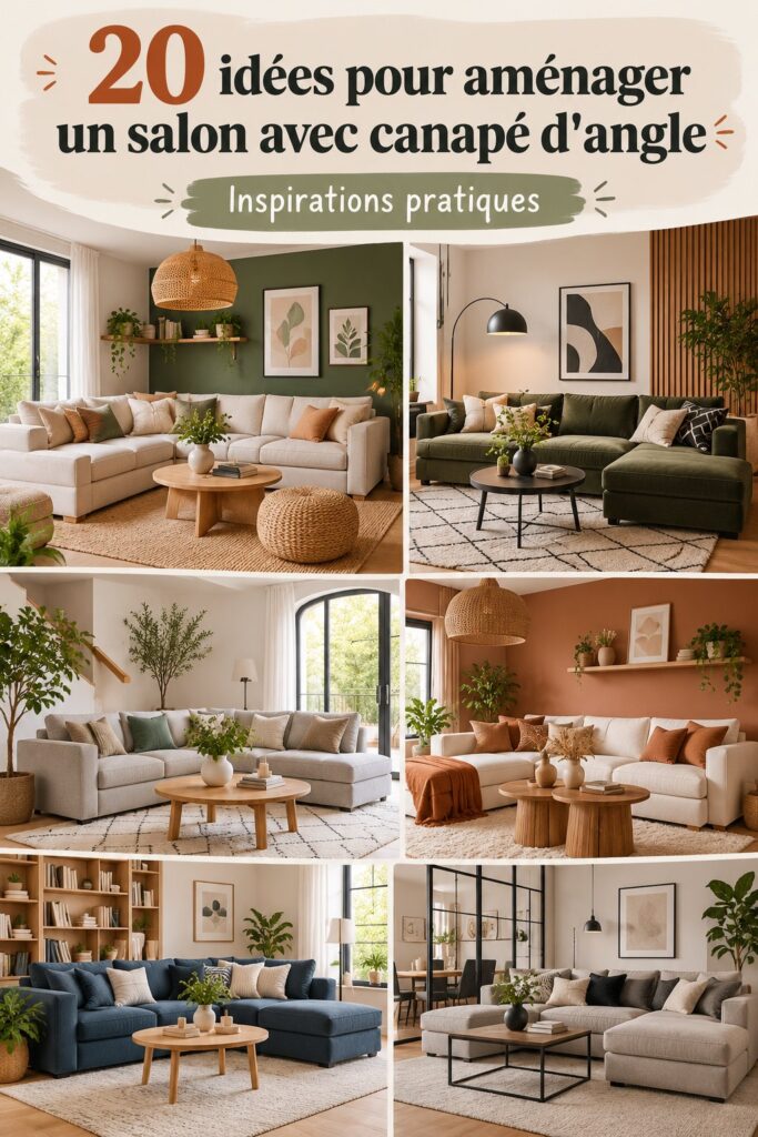 Salon chaleureux avec un canapé d'angle en tissu et quelques coussins colorés.
