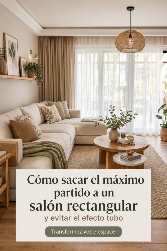 Salon rectangulaire aménagé avec des meubles cosy et une décoration chaleureuse, évitant l'effet tube.
