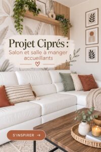 Salon chaleureux avec coin repas convivial, décoré de couleurs douces