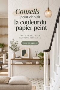 Un salon décoré avec un papier peint bleu pastel et des meubles cosy, créant une atmosphère chaleureuse.