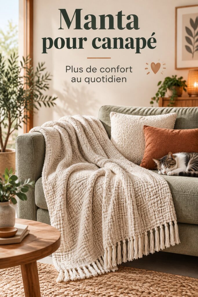 Belle couverture en laine drapée sur un canapé en tissu dans un salon chaleureux.