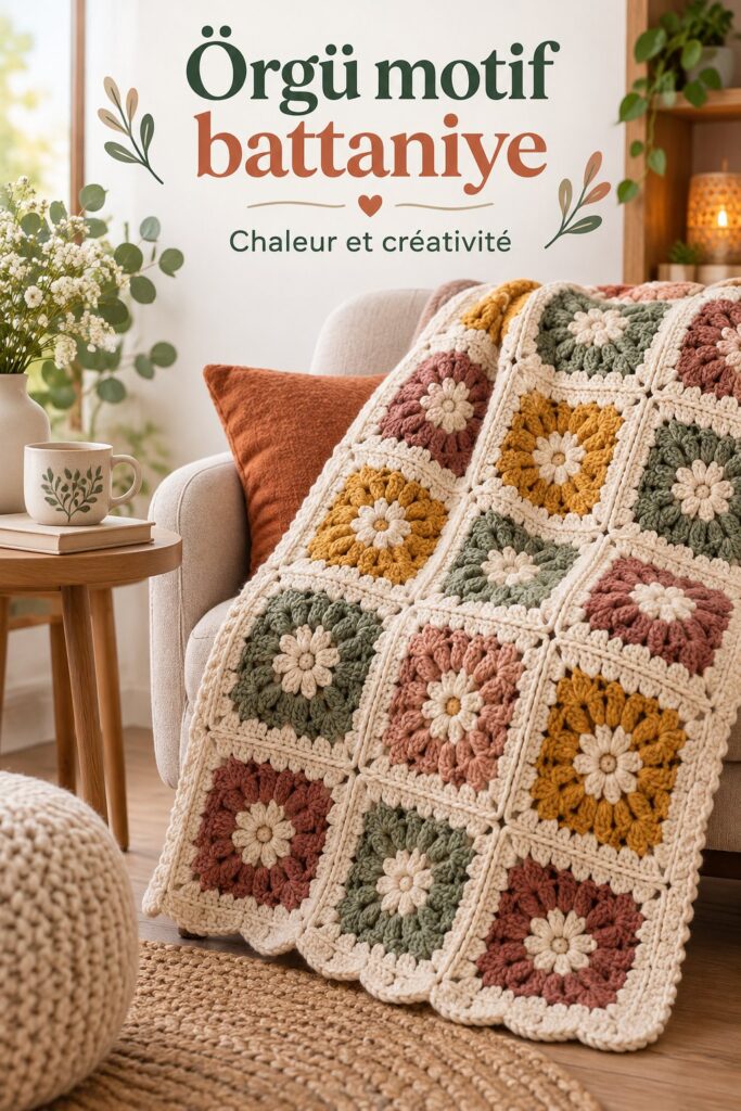 Couverture tricotée aux motifs chaleureux sur un canapé dans un salon élégant.