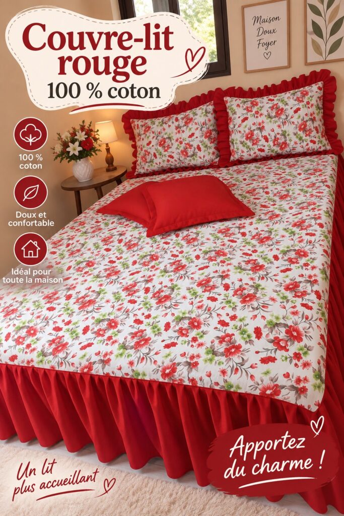 Couvre-lit rouge en coton sur un lit avec des oreillers assortis, créant une ambiance chaleureuse dans la chambre.