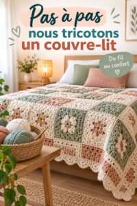 Un cubrecama fait main sur un lit, ajoutant une touche de couleur à une chambre