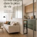 Cuisine moderne avec des touches de vert et déjà intégrées en bois, créant une atmosphère chaleureuse.
