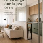 Cuisine moderne avec des touches de vert et déjà intégrées en bois, créant une atmosphère chaleureuse.