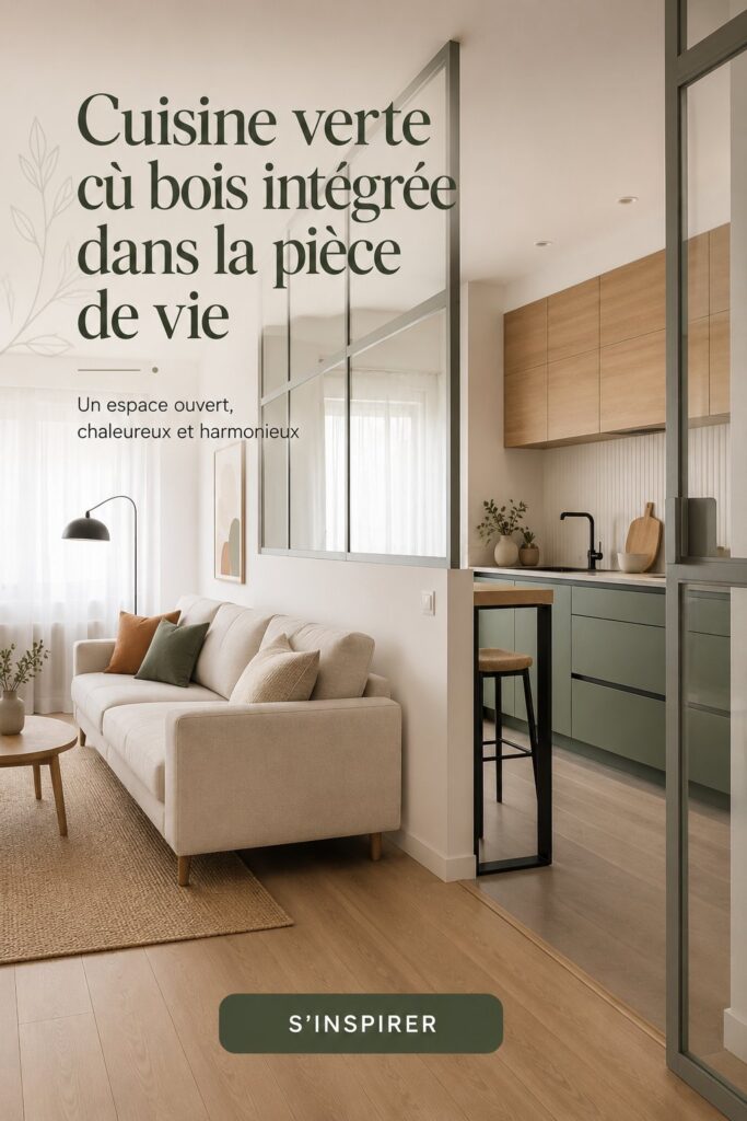 Cuisine moderne avec des touches de vert et déjà intégrées en bois, créant une atmosphère chaleureuse.