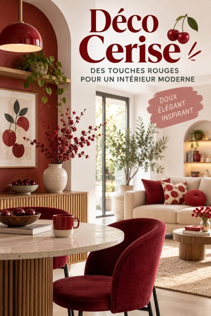 Salon moderne avec des accents rouges chaleureux.
