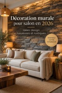 Salon décoré avec des éléments muraux alliant luxe et rusticité