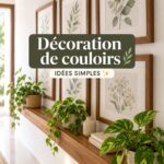 Couloir décoré avec des plantes et des œuvres d'art, créant une atmosphère accueillante