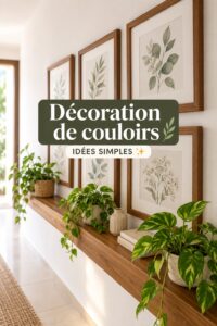 Couloir décoré avec des plantes et des œuvres d'art, créant une atmosphère accueillante
