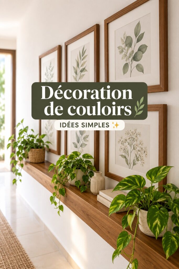 Couloir décoré avec des plantes et des œuvres d'art, créant une atmosphère accueillante