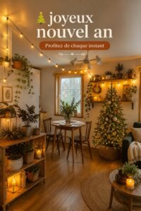 Une décoration chaleureuse pour le Nouvel An avec des guirlandes lumineuses et des accessoires colorés.