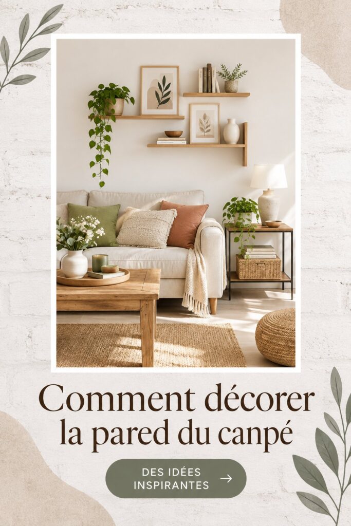 Mur décoré avec des œuvres d'art et des étagères au-dessus d'un canapé moderne.