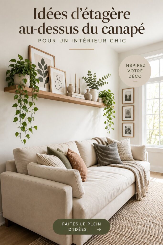 Etagère décorative moderne au-dessus d'un canapé dans un salon chic.