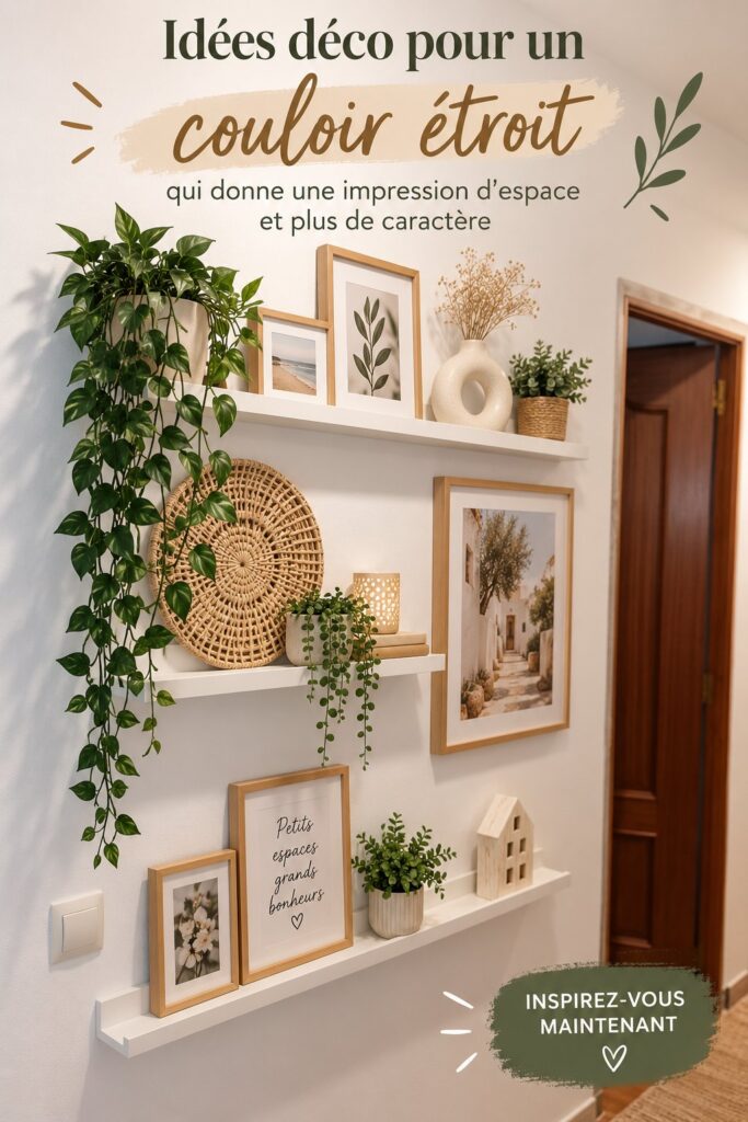 Un couloir étroit avec des couleurs claires et des décorations chaleureuses