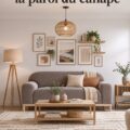 Un salon chaleureux avec un mur décoré de manière créative au-dessus d'un canapé