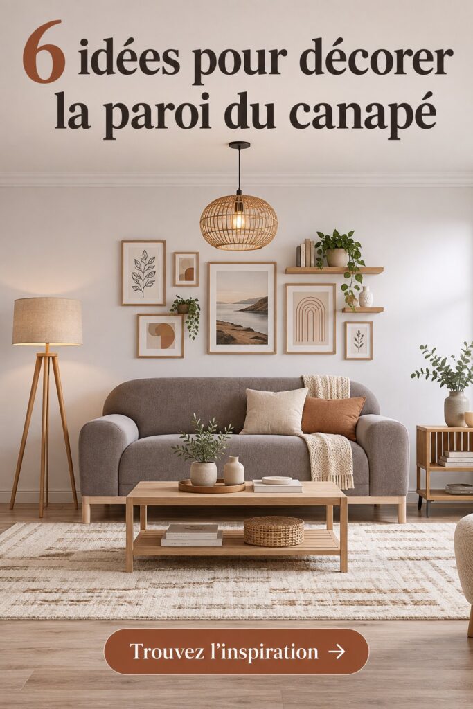 Un salon chaleureux avec un mur décoré de manière créative au-dessus d'un canapé