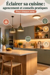Une cuisine moderne avec un éclairage chaleureux et des luminaires déco.