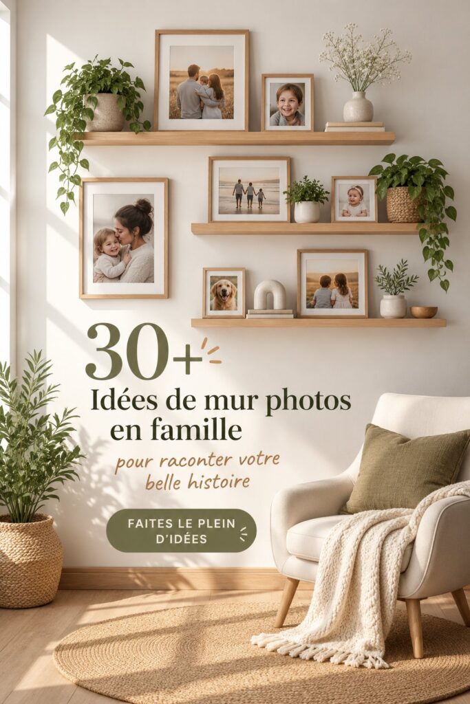 Mur de photos familiales agencé avec différents cadres pour une ambiance chaleureuse
