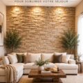 Salon avec un mur d'accent en couleur pastel et des décorations modernes.