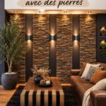 Mur décoratif en pierre apportant une ambiance chaleureuse au salon.