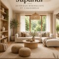 Un salon décoré dans un style Japandi avec des tons neutres et des éléments en bois