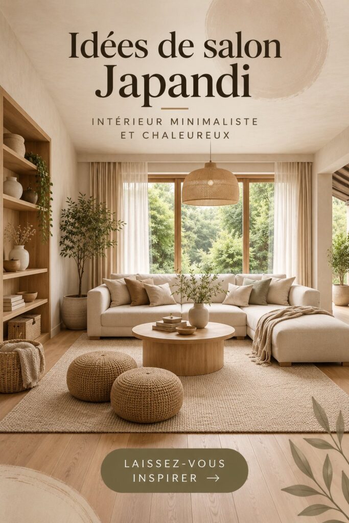 Un salon décoré dans un style Japandi avec des tons neutres et des éléments en bois