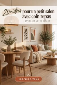 Petit salon salle à manger optimisé avec des meubles multifonctionnels et des couleurs claires.