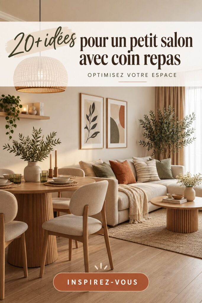 Petit salon salle à manger optimisé avec des meubles multifonctionnels et des couleurs claires.