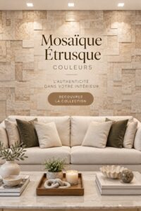 Exemple de mosaïque Etrusco Colors intégrée dans un salon moderne.