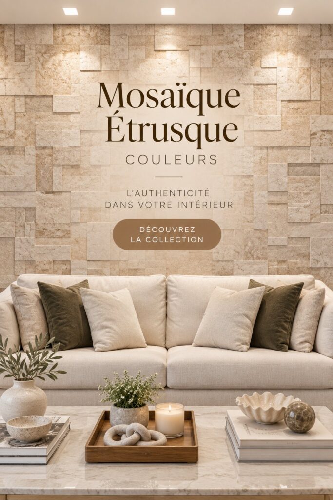 Exemple de mosaïque Etrusco Colors intégrée dans un salon moderne.