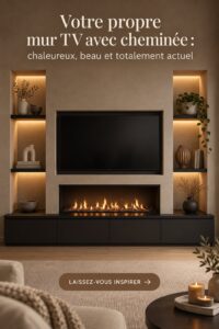 Un salon moderne avec un mur TV en bois chaleureux et une cheminée intégrée.