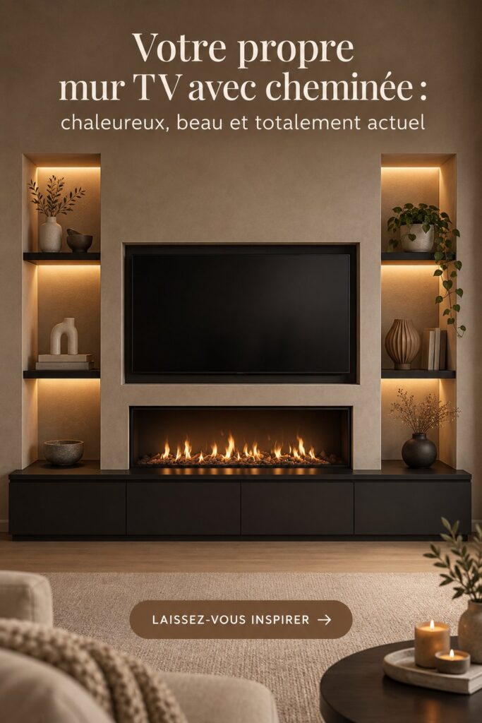 Un salon moderne avec un mur TV en bois chaleureux et une cheminée intégrée.