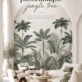 Un salon moderne avec un papier peint panoramique jungle, créant une ambiance tropicale et chaleureuse.