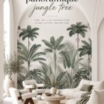 Un salon moderne avec un papier peint panoramique jungle, créant une ambiance tropicale et chaleureuse.