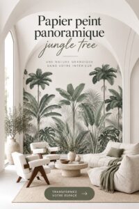 Un salon moderne avec un papier peint panoramique jungle, créant une ambiance tropicale et chaleureuse.