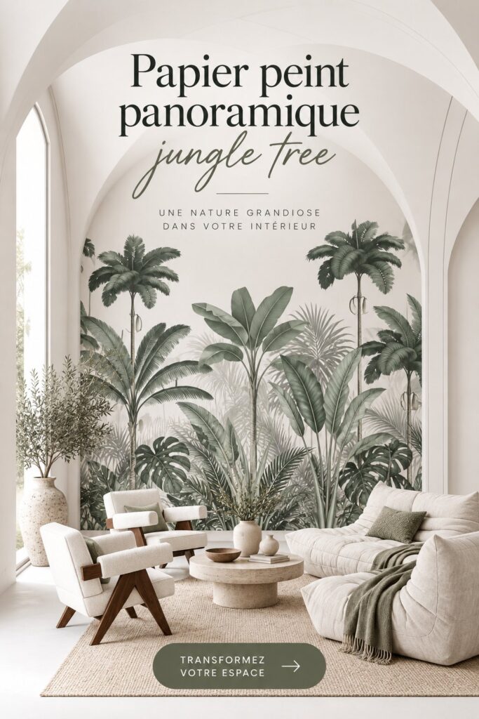 Un salon moderne avec un papier peint panoramique jungle, créant une ambiance tropicale et chaleureuse.