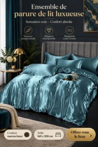 Parure de lit en soie marron dans une chambre élégante avec une décoration douce.