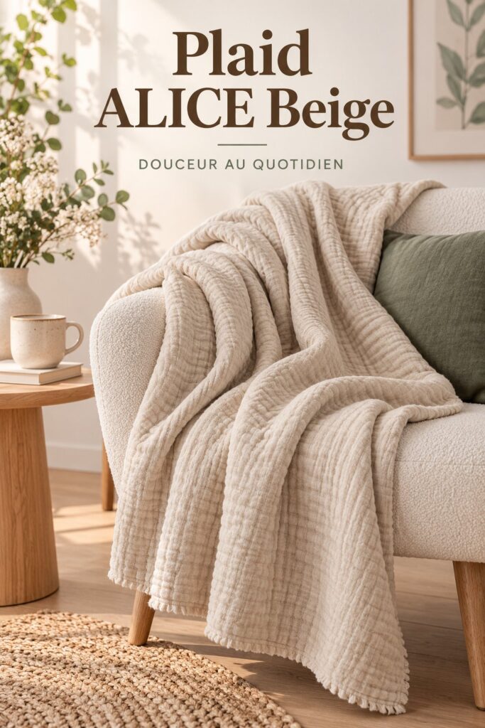 Pluie d'octobre sur un plaid beige Alice, créant une ambiance cosy et chaleureuse dans un salon moderne.