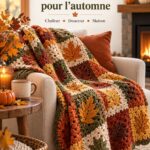 Plaid en crochet aux teintes chaudes pour l'automne, drapé sur un canapé confortable.